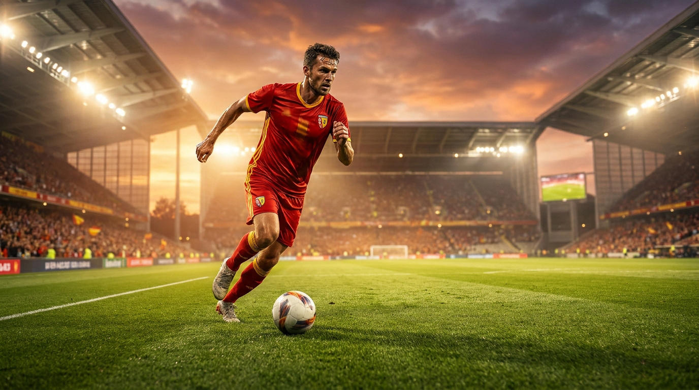 Michał Skóraś dribblant avec le ballon sur la pelouse du stade Bollaert-Delelis sous un ciel orangé.