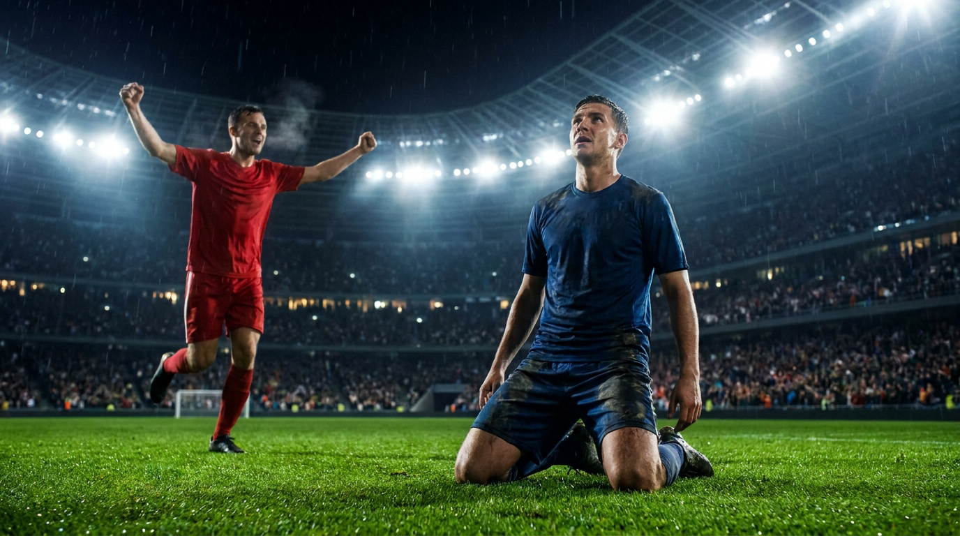 Un joueur de football en bleu à genoux sur le terrain, tandis qu'un joueur en rouge célèbre derrière lui.