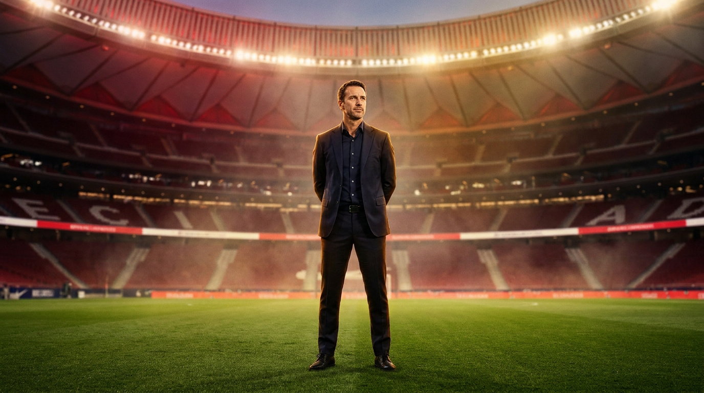 Dino Toppmöller debout au centre d'un stade de football illuminé, portant un costume sombre.