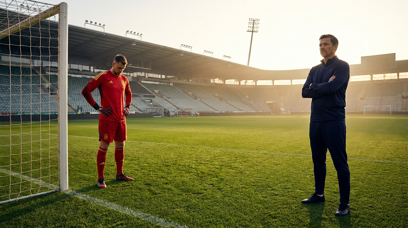 Un gardien en rouge et un entraîneur sur le terrain d'un stade vide sous un soleil couchant.