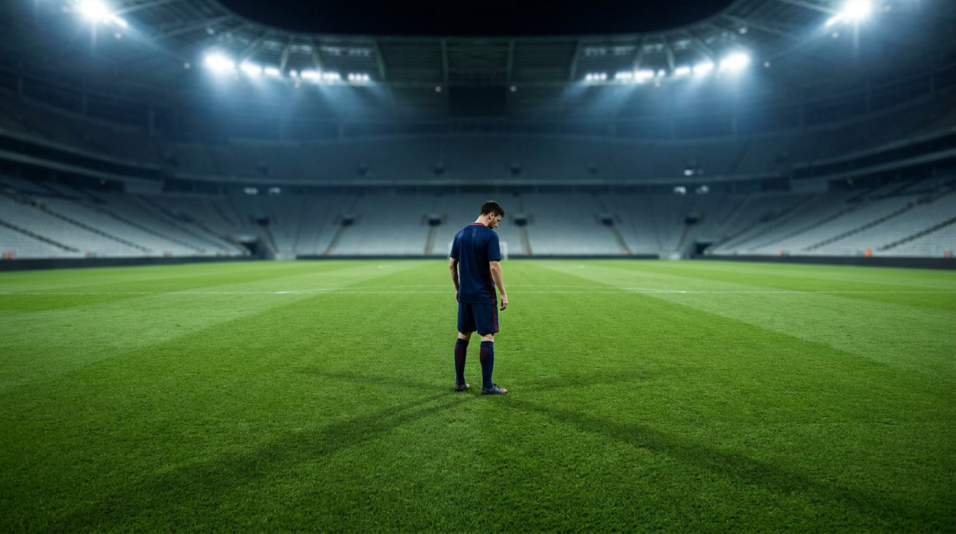 Un joueur de football seul au centre d'un stade immense et vide sous les projecteurs, après une défaite.