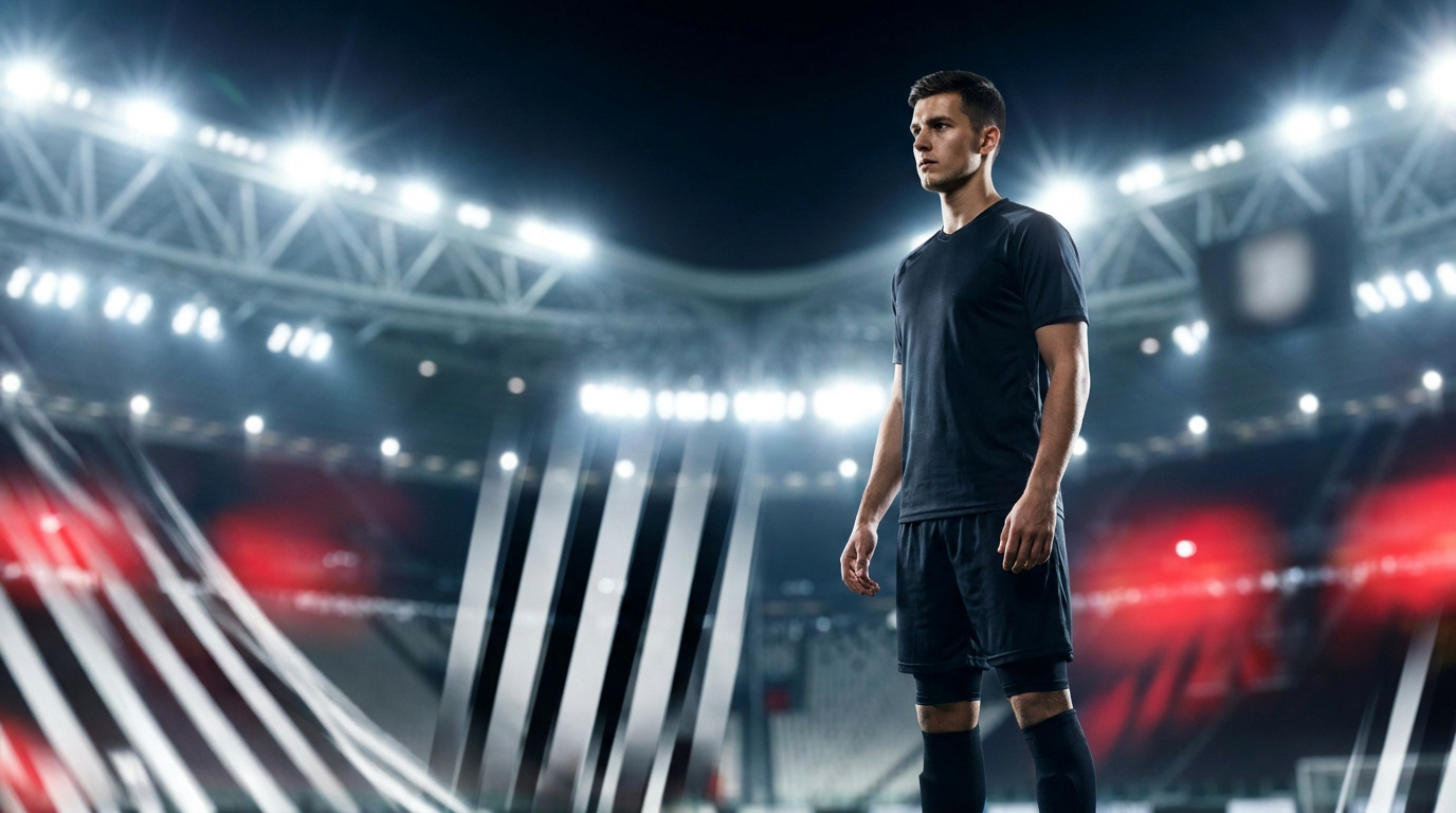 Un footballeur, ressemblant à Kenan Yildiz, debout dans un stade de football illuminé avec un effet de flou dynamique.