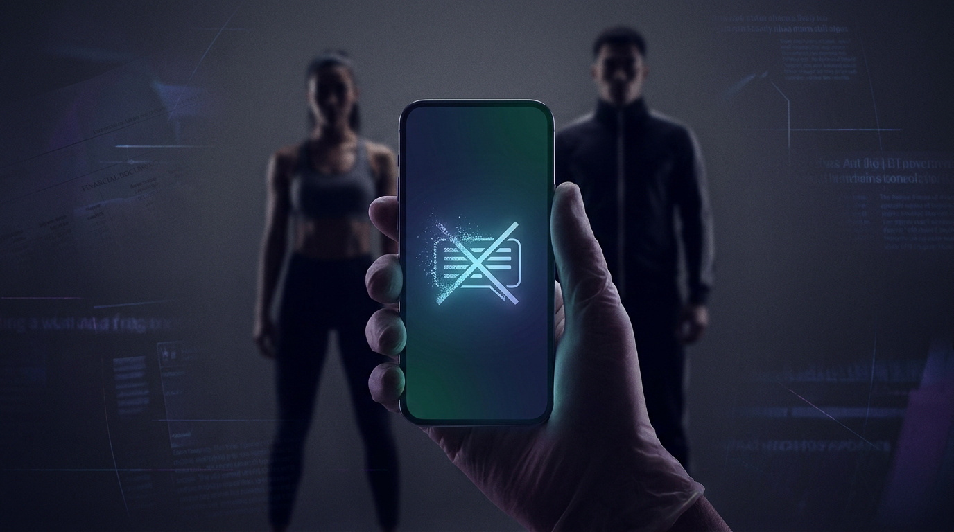 Une main tient un smartphone affichant une icône de message barrée devant les silhouettes floues d'un homme et d'une femme.